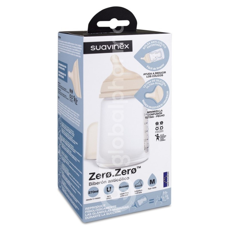 Suavinex Zero Zero Biberón Anticólicos 270 ml con Tetina de Flujo Medio, 1  Ud